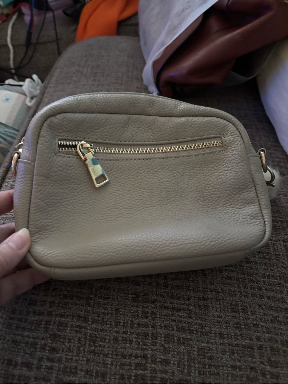 Beige Pebbled Leather Crossbody Bag with Gold Hardware